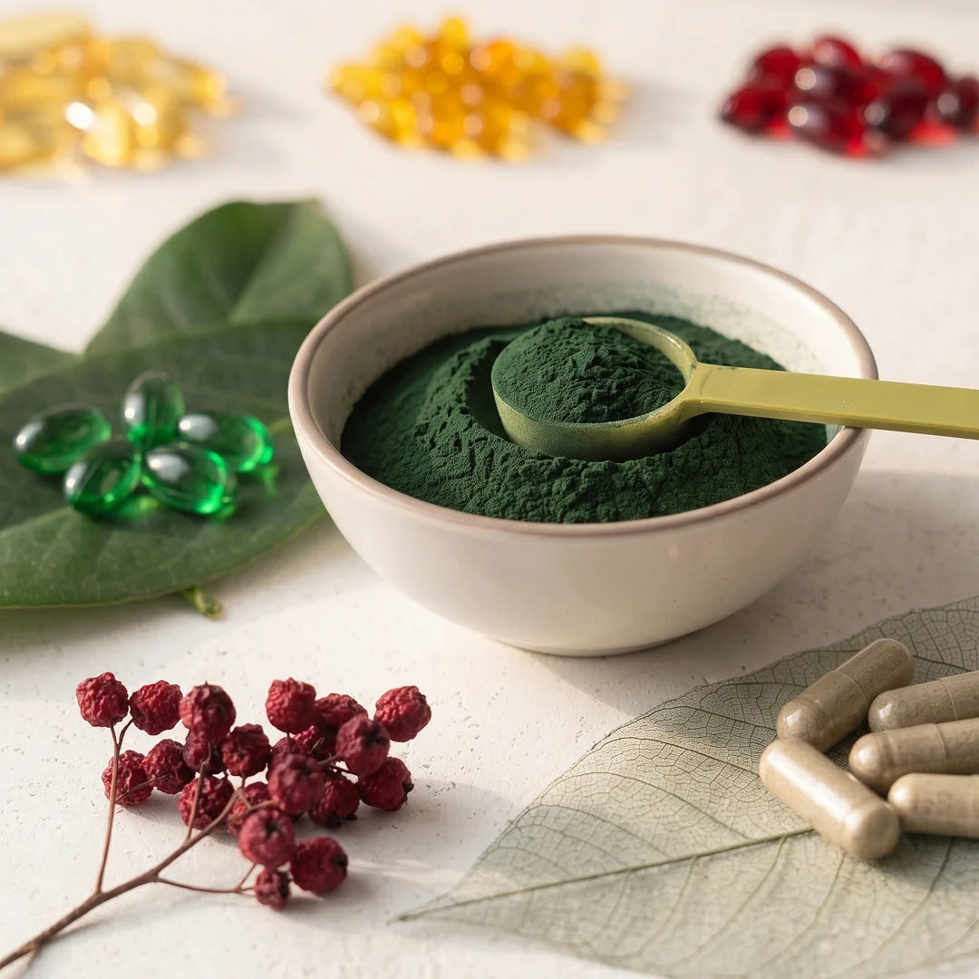 A small beige bowl filled with dark green powder, with a gold spoon resting in the bowl. The scene is styled with green leaves, red berries, and several capsules in green, yellow, and beige, on a light textured background.